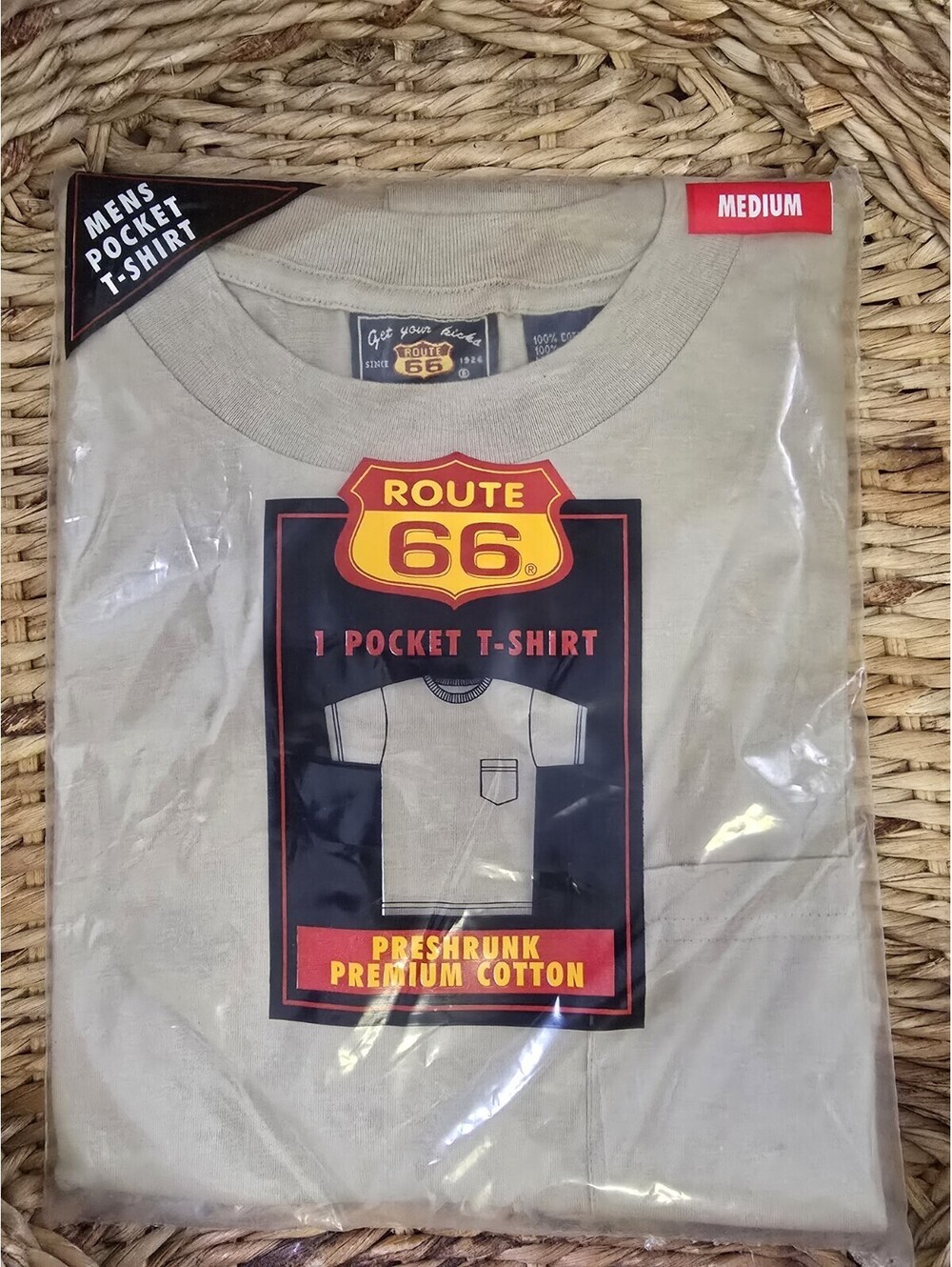 Vintage Route 66 Tan T-Shirt Men’s Medium Classic Casual Tee Chest Pocket KMART